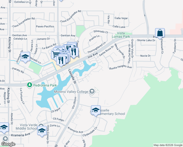 map of restaurants, bars, coffee shops, grocery stores, and more near 15982 Lasselle Street in Moreno Valley