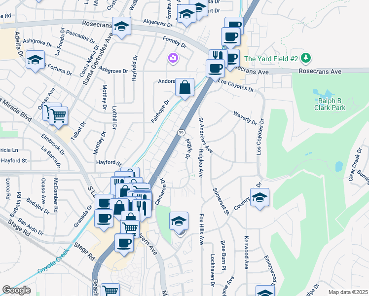 map of restaurants, bars, coffee shops, grocery stores, and more near 4904 Argyle Drive in Buena Park