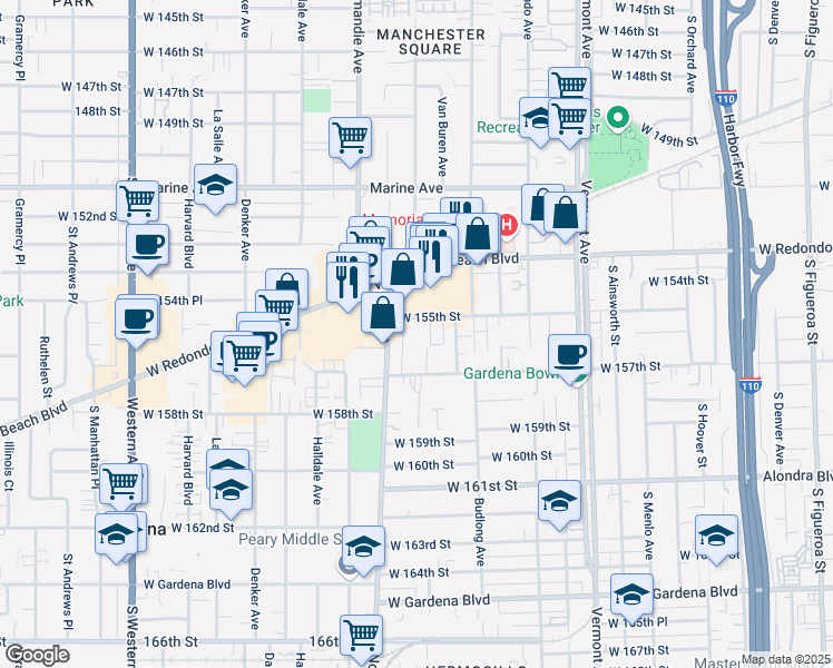 map of restaurants, bars, coffee shops, grocery stores, and more near 1249 Magnolia Avenue in Gardena