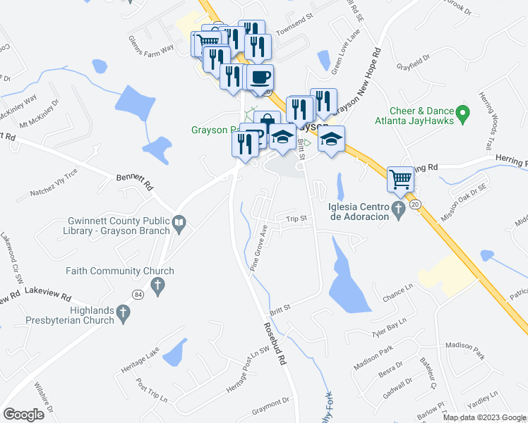 map of restaurants, bars, coffee shops, grocery stores, and more near 551 Pine Grove Avenue in Grayson