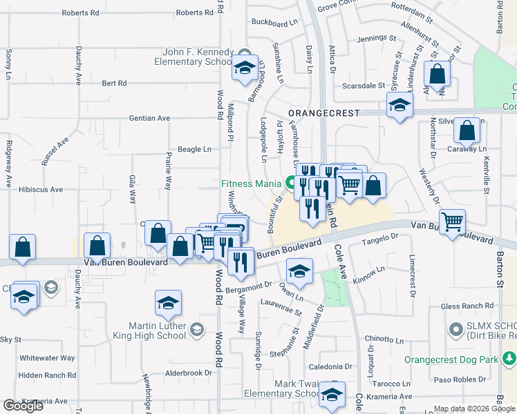 map of restaurants, bars, coffee shops, grocery stores, and more near 8777 Barnwood Lane in Riverside