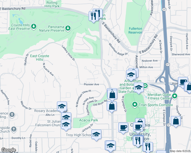 map of restaurants, bars, coffee shops, grocery stores, and more near 1710 Rocky Road in Fullerton