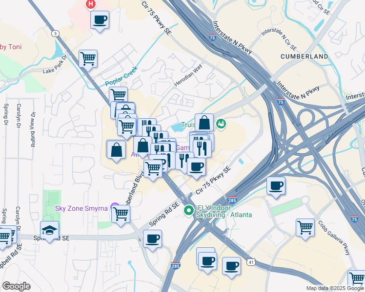 map of restaurants, bars, coffee shops, grocery stores, and more near 2761 Windy Ridge Parkway Southeast in Atlanta