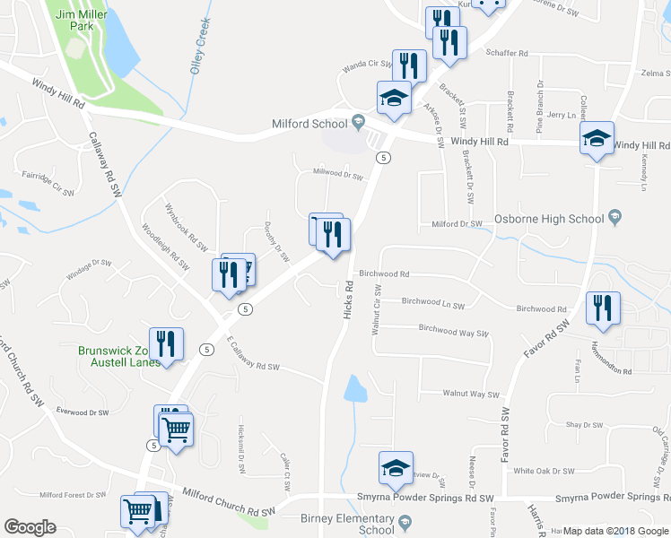 map of restaurants, bars, coffee shops, grocery stores, and more near 2561 Austell Road Southwest in Marietta