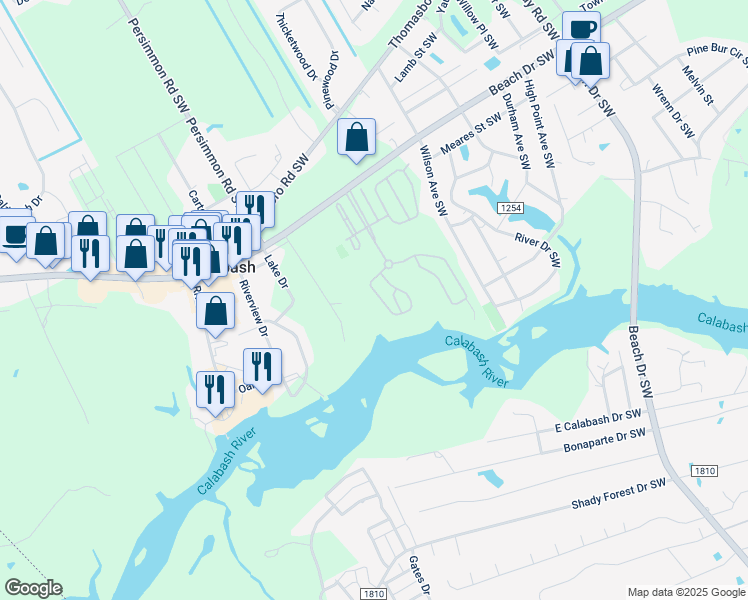 map of restaurants, bars, coffee shops, grocery stores, and more near 9857 Beach Drive Southwest in Calabash