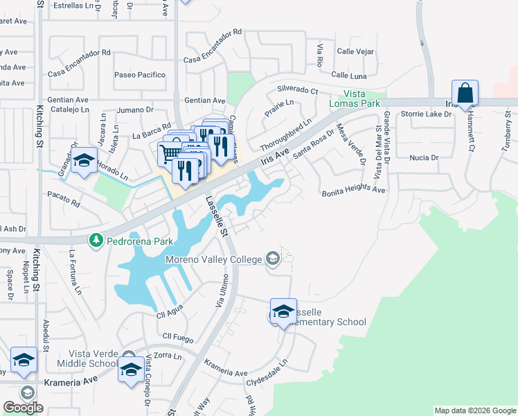 map of restaurants, bars, coffee shops, grocery stores, and more near 15916 Lasselle Street in Moreno Valley