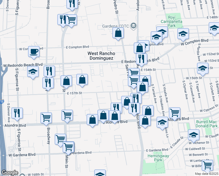 map of restaurants, bars, coffee shops, grocery stores, and more near 500 East Darlan Street in Gardena