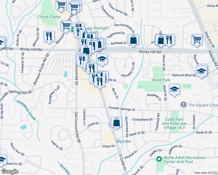 map of restaurants, bars, coffee shops, grocery stores, and more near 2610 Birch Street in Smyrna