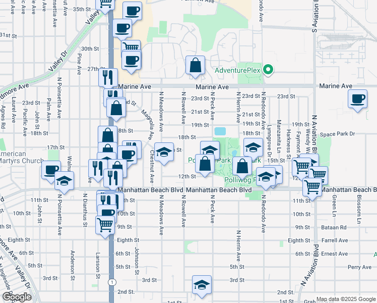 map of restaurants, bars, coffee shops, grocery stores, and more near 1421 15th Street in Manhattan Beach