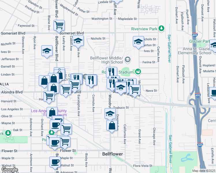 map of restaurants, bars, coffee shops, grocery stores, and more near in Bellflower