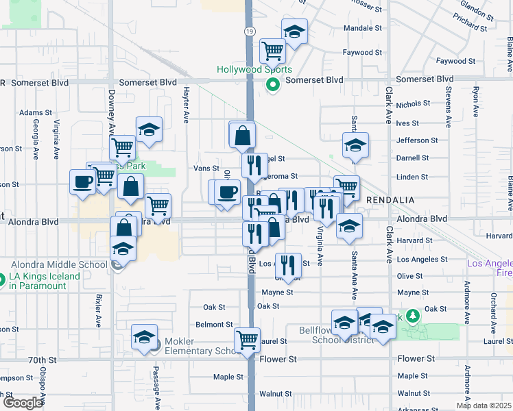 map of restaurants, bars, coffee shops, grocery stores, and more near 15804 Lakewood Boulevard in Bellflower