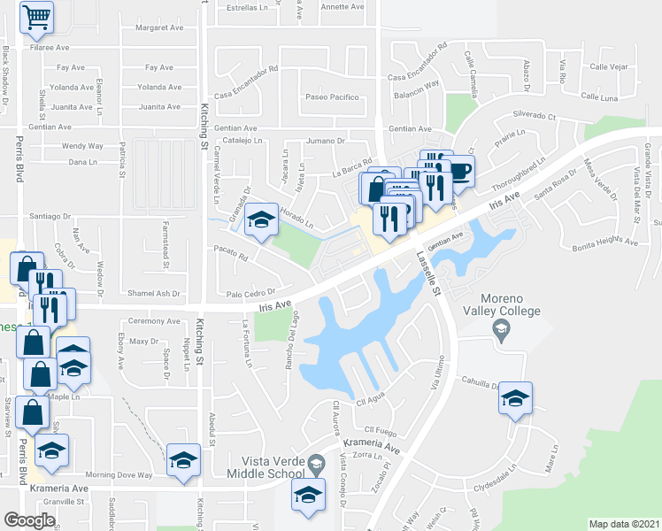 map of restaurants, bars, coffee shops, grocery stores, and more near 25796 Iris Avenue in Moreno Valley