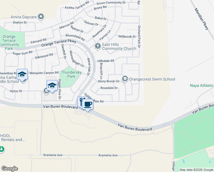map of restaurants, bars, coffee shops, grocery stores, and more near 20751 Rosedale Drive in Riverside