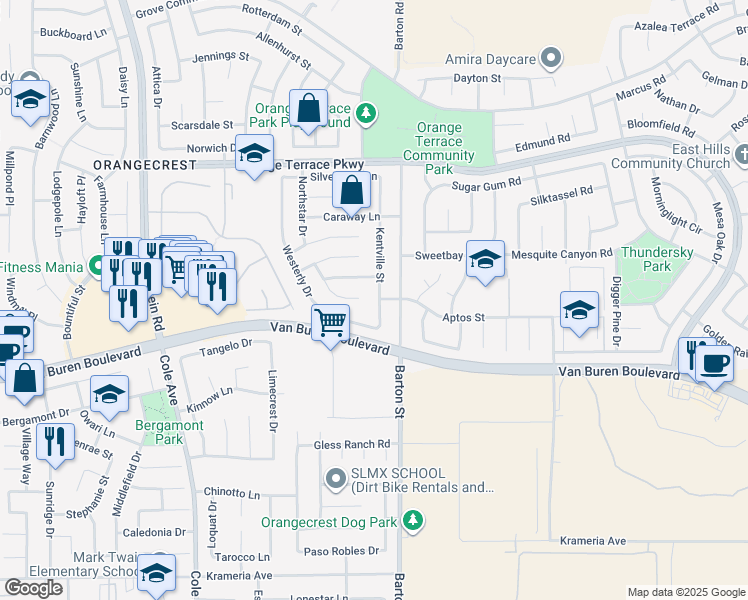 map of restaurants, bars, coffee shops, grocery stores, and more near 8931 Kentville Street in Riverside