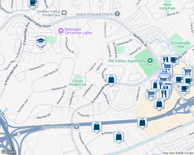 map of restaurants, bars, coffee shops, grocery stores, and more near 1850 Coolidge Street in Corona