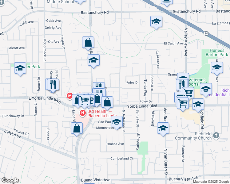 map of restaurants, bars, coffee shops, grocery stores, and more near 1447 Prospect Avenue in Placentia