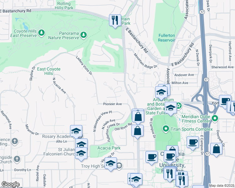 map of restaurants, bars, coffee shops, grocery stores, and more near 1710 Rocky Road in Fullerton