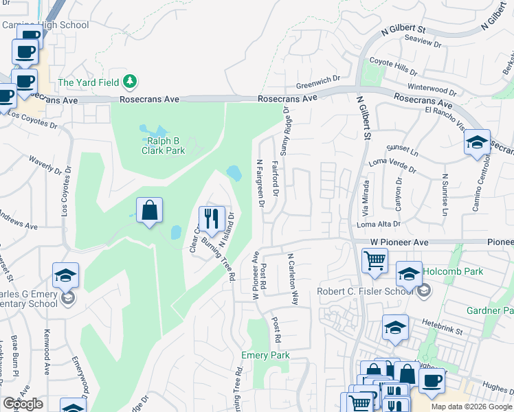 map of restaurants, bars, coffee shops, grocery stores, and more near 1607 North Fairgreen Drive in Fullerton