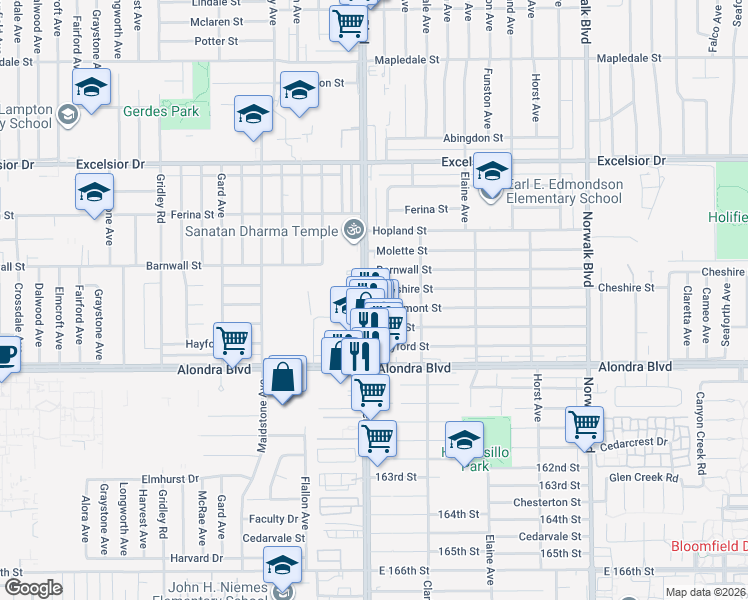 map of restaurants, bars, coffee shops, grocery stores, and more near 11824 Lowemont Street in Norwalk