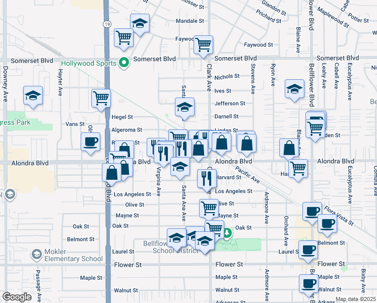 map of restaurants, bars, coffee shops, grocery stores, and more near 9319 Alondra Boulevard in Bellflower
