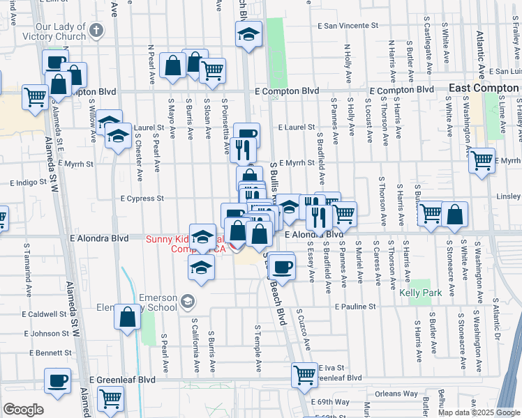map of restaurants, bars, coffee shops, grocery stores, and more near 805 South Long Beach Boulevard in Compton
