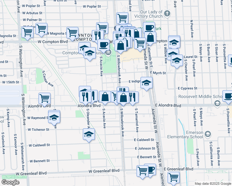 map of restaurants, bars, coffee shops, grocery stores, and more near 717 South Willowbrook Avenue in Compton