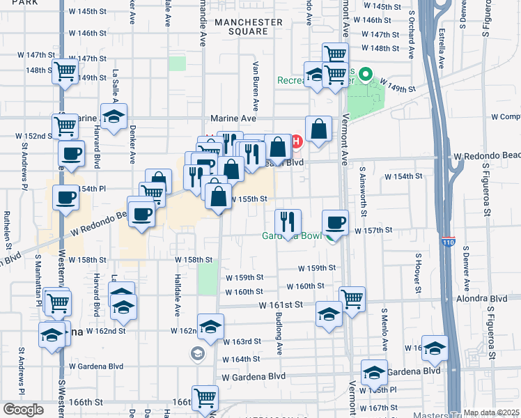 map of restaurants, bars, coffee shops, grocery stores, and more near 1249 Magnolia Avenue in Gardena