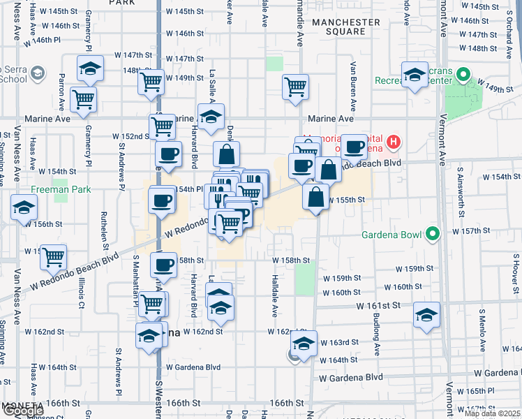 map of restaurants, bars, coffee shops, grocery stores, and more near 1550 West Redondo Beach Boulevard in Gardena