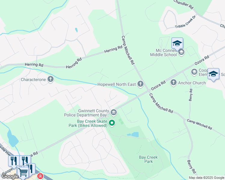 map of restaurants, bars, coffee shops, grocery stores, and more near 2582 Corey Park Drive in Loganville