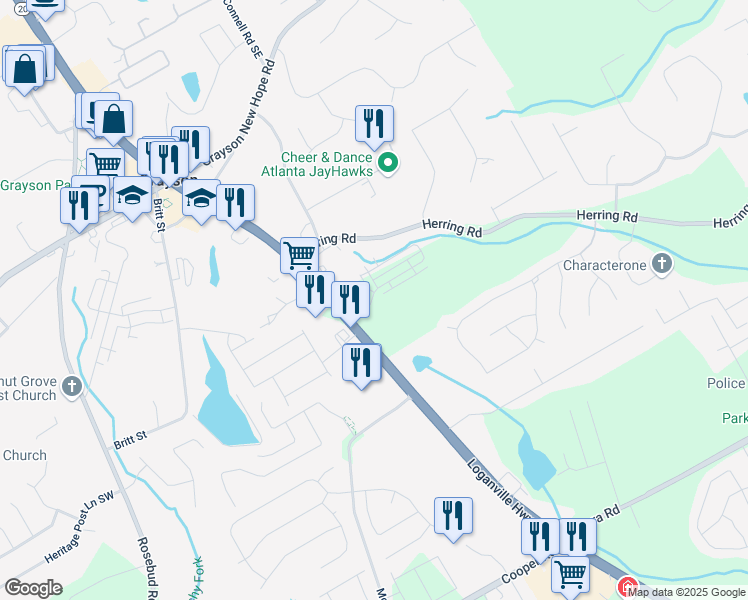 map of restaurants, bars, coffee shops, grocery stores, and more near 278 Mission Oak Drive Southeast in Grayson