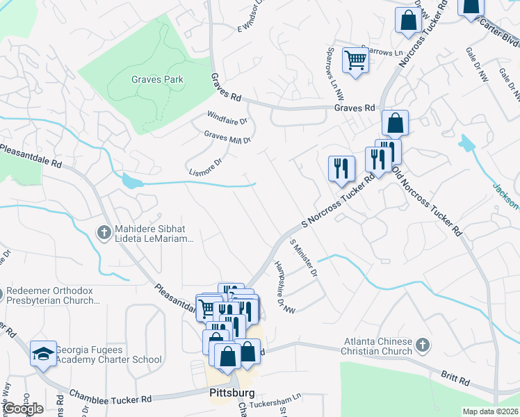 map of restaurants, bars, coffee shops, grocery stores, and more near 1330 Cornerstone Place Northwest in Tucker