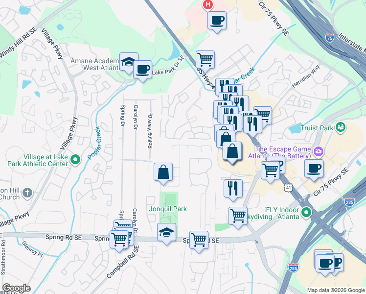 map of restaurants, bars, coffee shops, grocery stores, and more near 5158 Afton Way in Smyrna