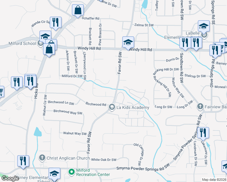 map of restaurants, bars, coffee shops, grocery stores, and more near 500 Favorwood Drive Southwest in Marietta