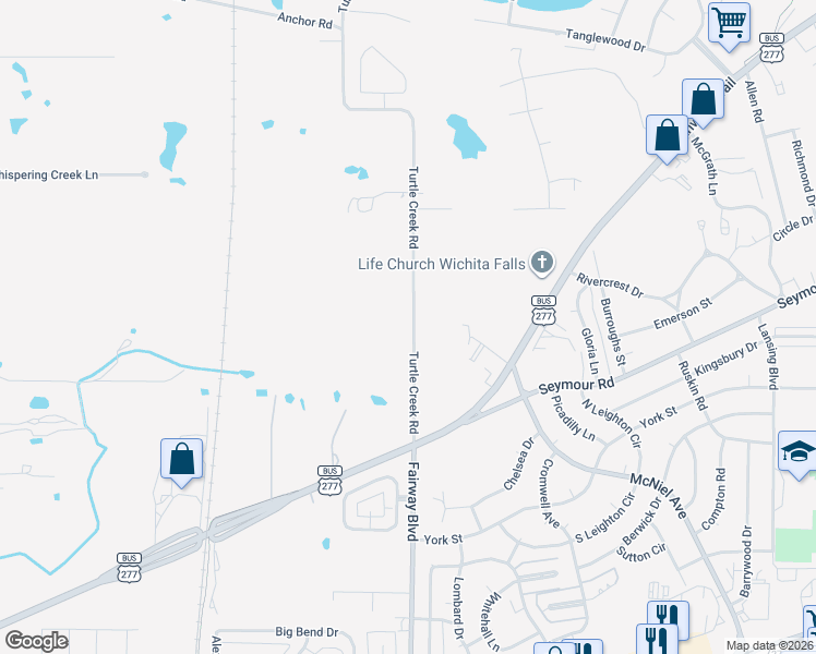 map of restaurants, bars, coffee shops, grocery stores, and more near 2249 Turtle Creek Road in Wichita Falls