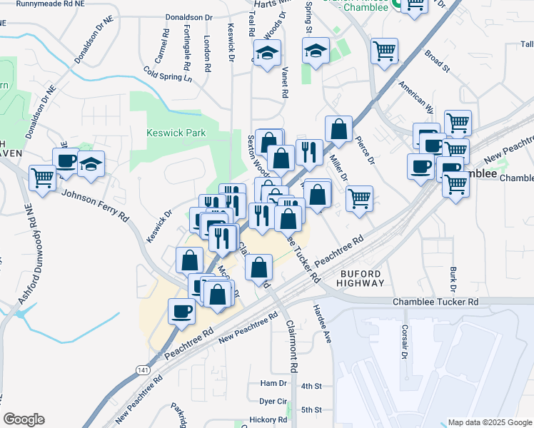 map of restaurants, bars, coffee shops, grocery stores, and more near 1851 Chamblee Tucker Road in Chamblee