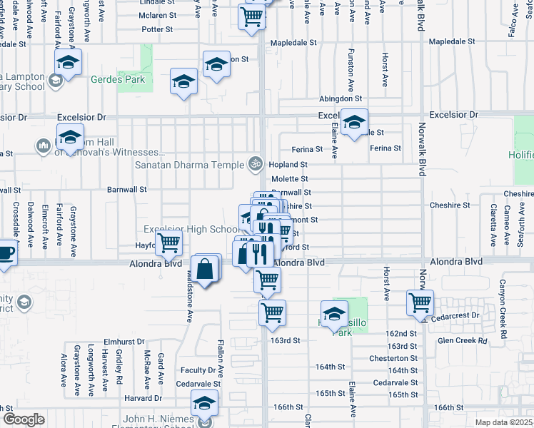 map of restaurants, bars, coffee shops, grocery stores, and more near 15510 Pioneer Boulevard in Norwalk