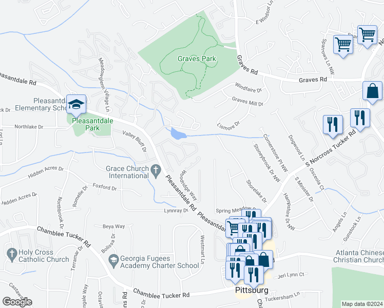 map of restaurants, bars, coffee shops, grocery stores, and more near 4046 Bayside Circle in Atlanta
