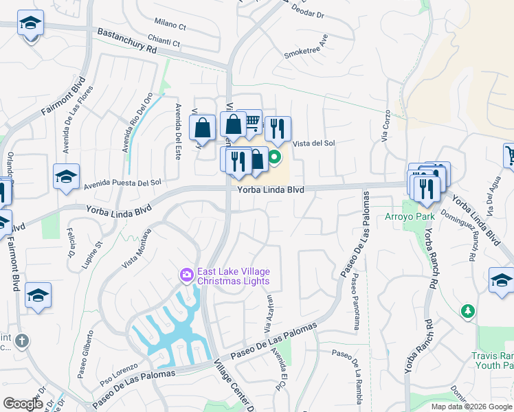 map of restaurants, bars, coffee shops, grocery stores, and more near 4890 Hannah Circle in Yorba Linda