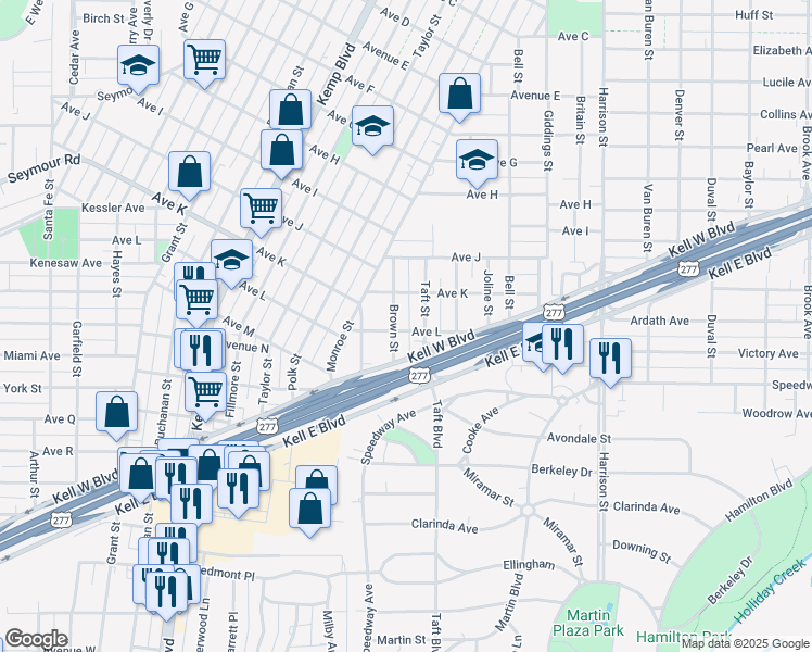map of restaurants, bars, coffee shops, grocery stores, and more near 2203 Brown Street in Wichita Falls