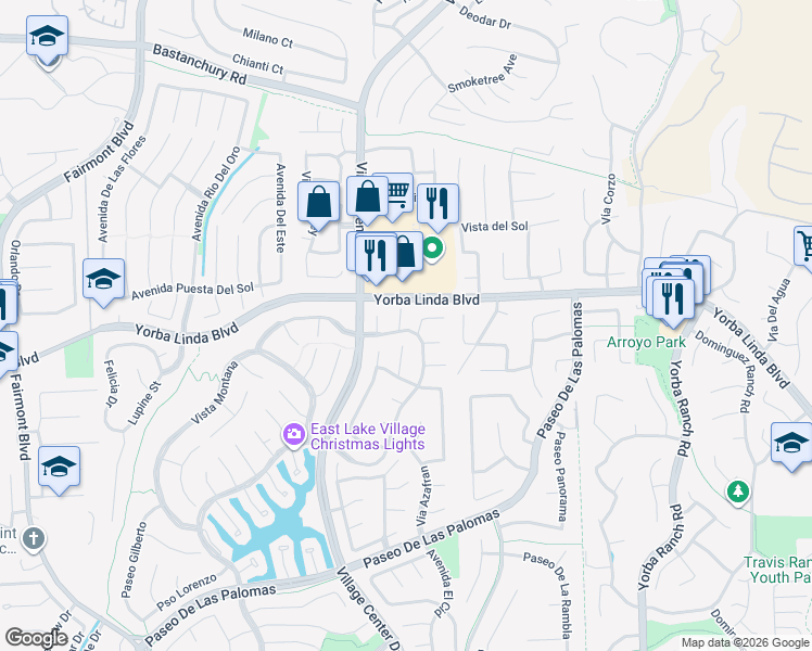 map of restaurants, bars, coffee shops, grocery stores, and more near 4890 Hannah Circle in Yorba Linda