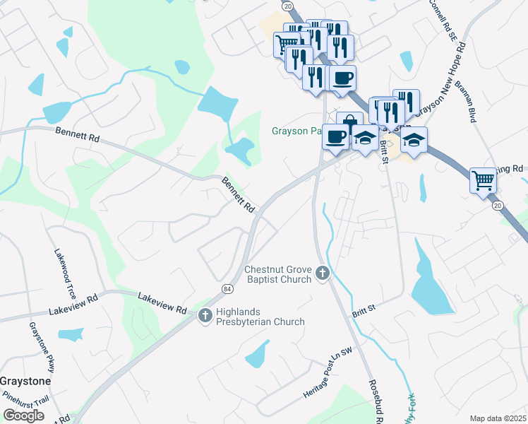 map of restaurants, bars, coffee shops, grocery stores, and more near 684 Grayson Parkway in Grayson