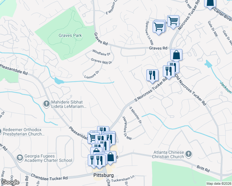 map of restaurants, bars, coffee shops, grocery stores, and more near 1330 Cornerstone Place Northwest in Tucker