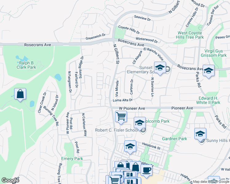 map of restaurants, bars, coffee shops, grocery stores, and more near 1633 Vía Mirada in Fullerton