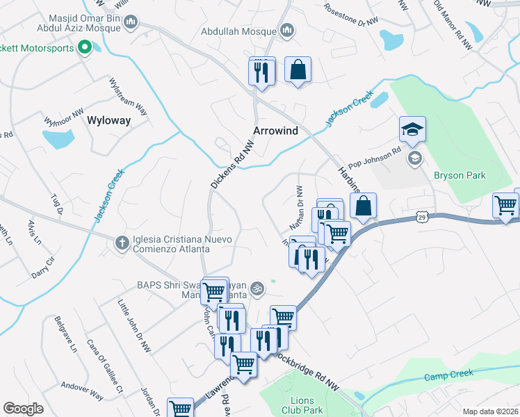map of restaurants, bars, coffee shops, grocery stores, and more near 763 Inland Way Northwest in Lilburn