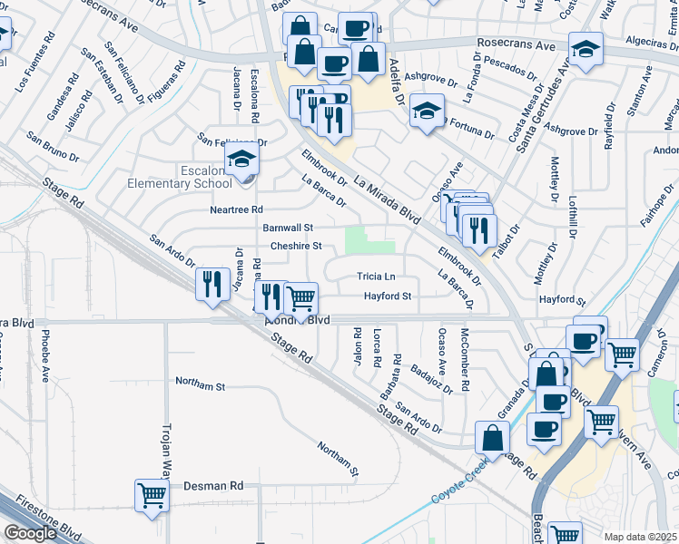 map of restaurants, bars, coffee shops, grocery stores, and more near 15605 Bluefield Avenue in La Mirada