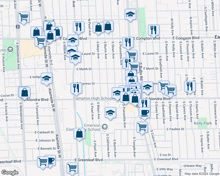 map of restaurants, bars, coffee shops, grocery stores, and more near 712 South Burris Avenue in Compton
