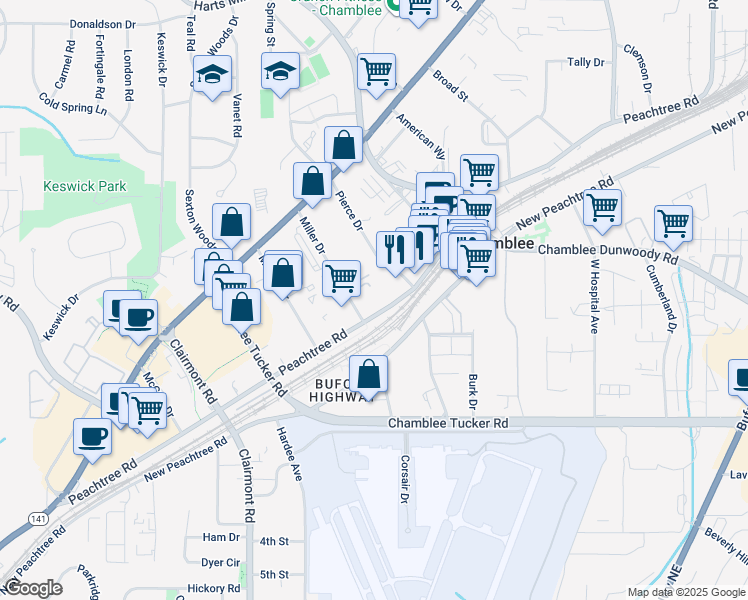 map of restaurants, bars, coffee shops, grocery stores, and more near 5300 Peachtree Road in Chamblee
