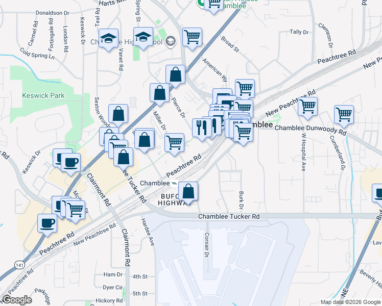 map of restaurants, bars, coffee shops, grocery stores, and more near 5300 Peachtree Road in Chamblee