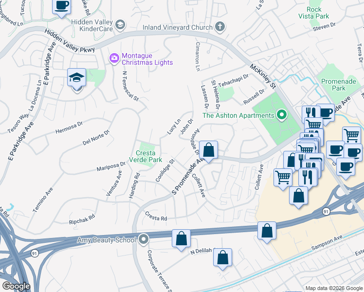 map of restaurants, bars, coffee shops, grocery stores, and more near 1850 Coolidge Street in Corona
