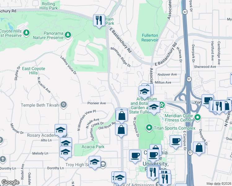 map of restaurants, bars, coffee shops, grocery stores, and more near 1815 Vista Del Oro in Fullerton